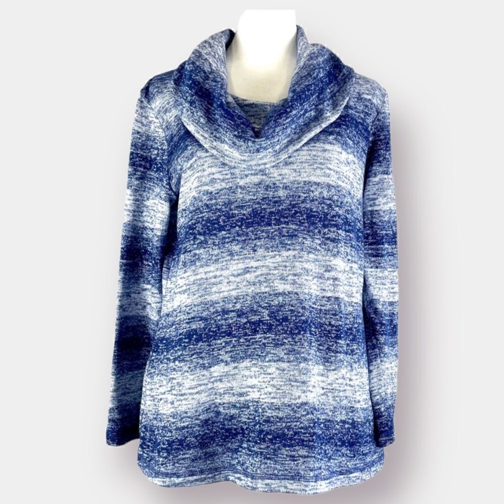 T by Talbots Cowl Neck Sweater Size Medium Petit Blue White Stripe Melange